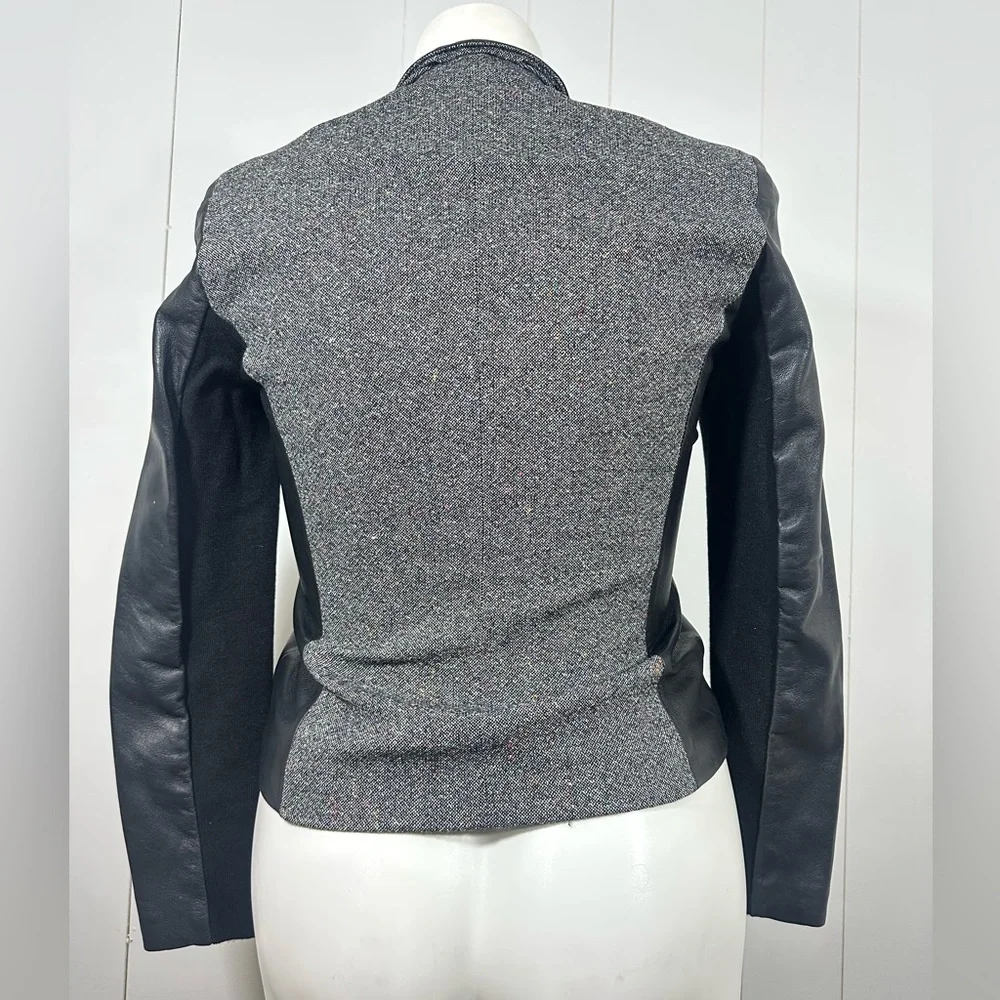 Cole Haan Sz 10 Gray Black Lambskin Leather Wool Blend Tweed Full Zip Jacket - Picture 7 of 14